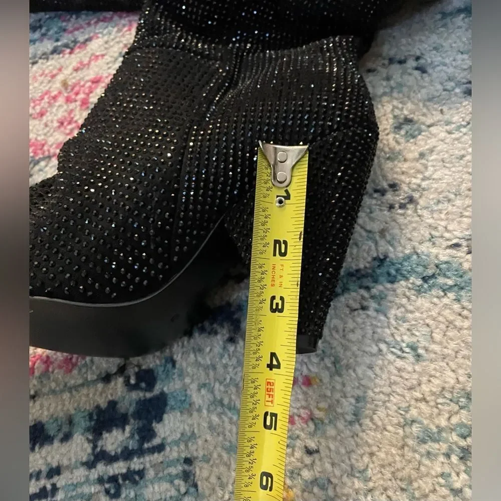 Black Rhinestone Over The Knee Thigh High Pull On Boots Triangle Heel 10